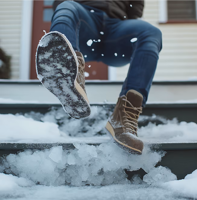 Person wearing brown boots and blue jeans slipping on icy outdoor stairs covered with snow.