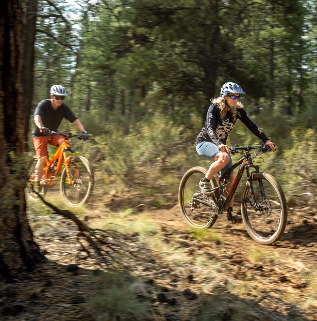 Two people mountain biking on a forest trail with pine trees, wearing helmets and casual cycling clothes, one riding a black bike and the other an orange bike.