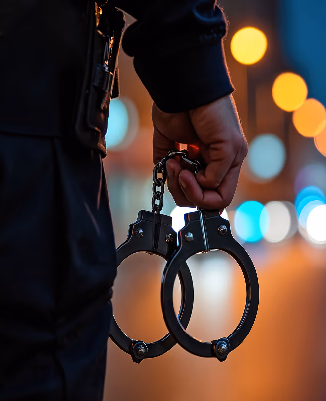 A person holding a pair of handcuffs at night with blurred street lights in the background.