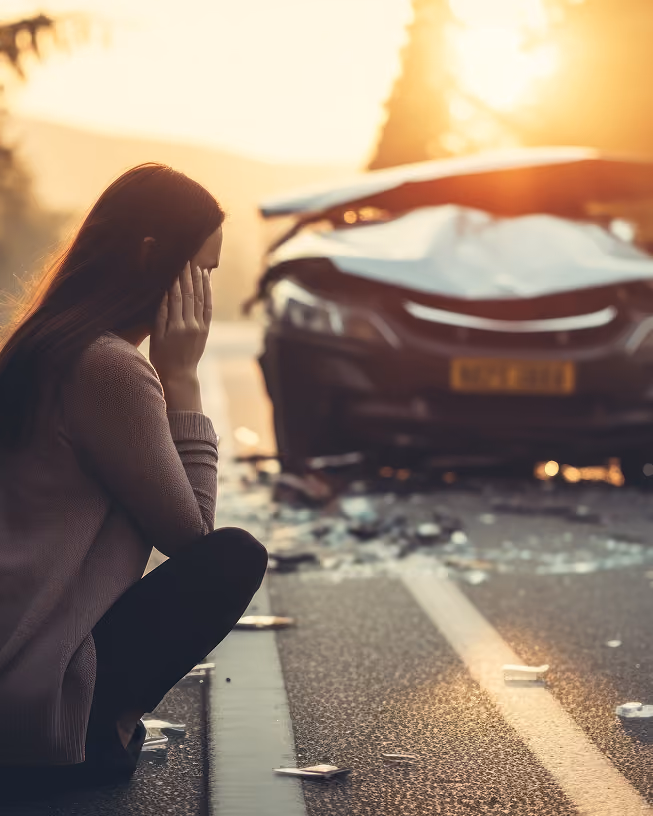 A woman squatting on the side of a road with her face in her hand, looking distressed in front of a damaged car with a crumpled hood and broken debris scattered on the road during sunset.