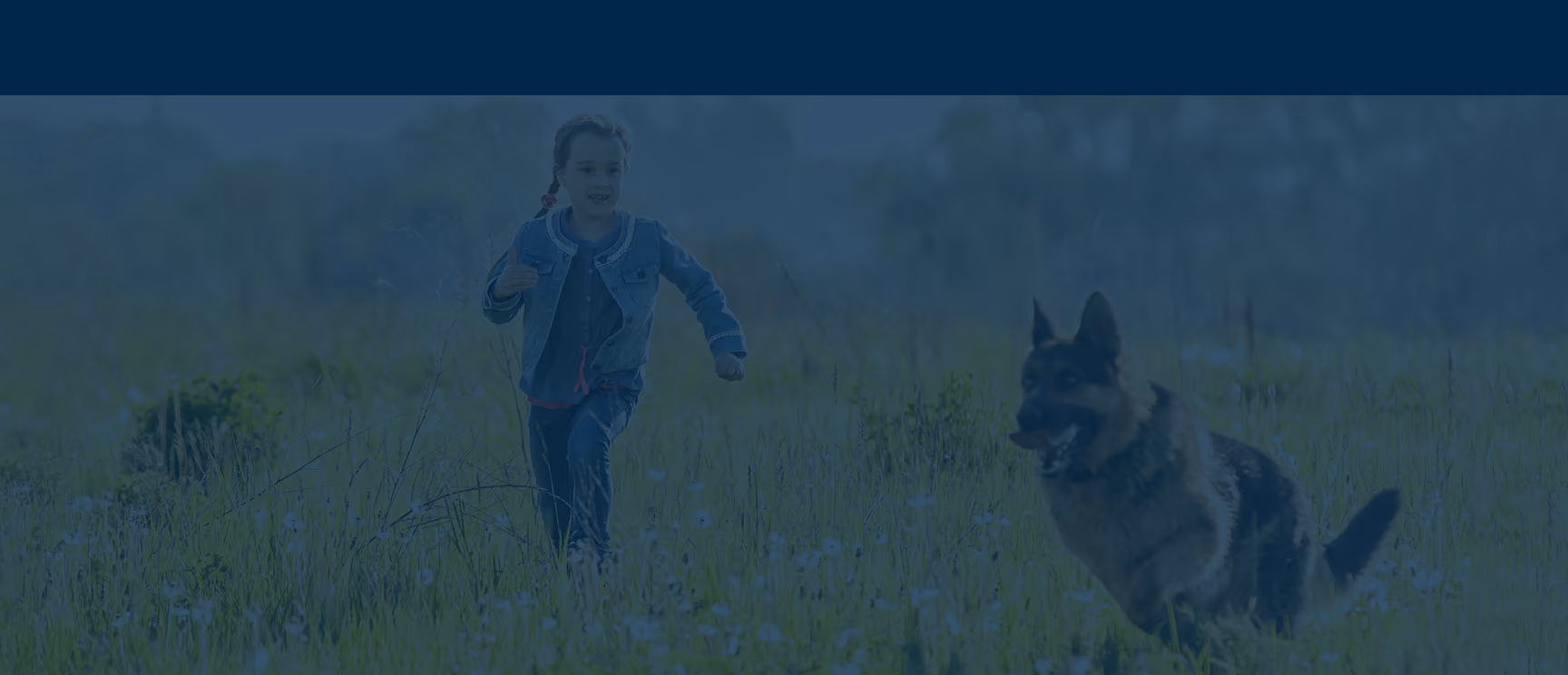 A young girl running joyfully through a grassy field alongside a German Shepherd dog that is also running.