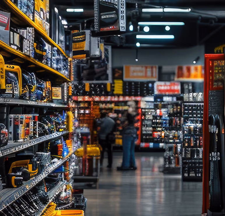 Interior view of a hardware or tool store with shelves stocked with various tools and accessories on the left and right, and two people standing and talking near the back of the store.