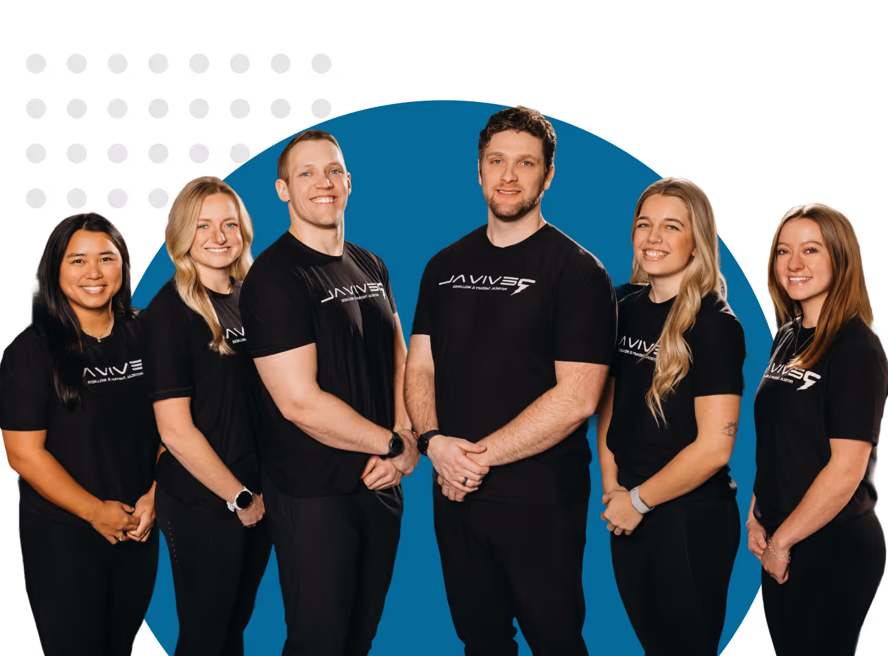 Six smiling people in black Janivesp shirts standing side by side on blue circle background.