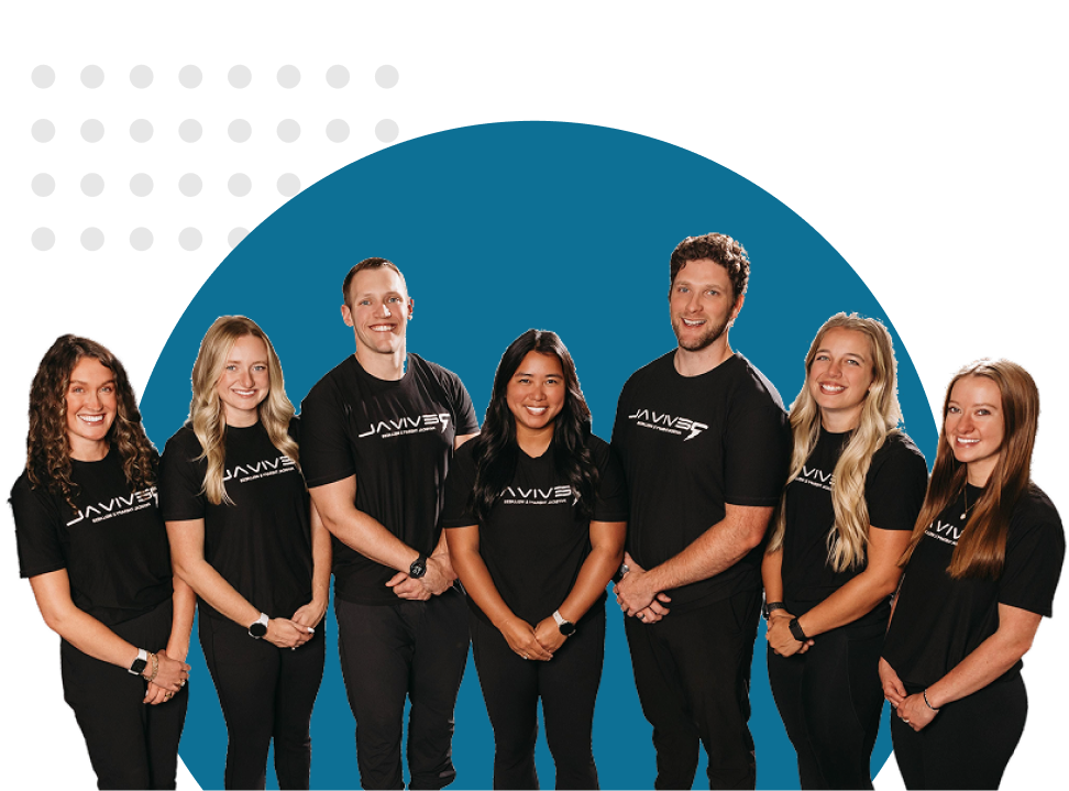 Six smiling people in black Janivesp shirts standing side by side on blue circle background.