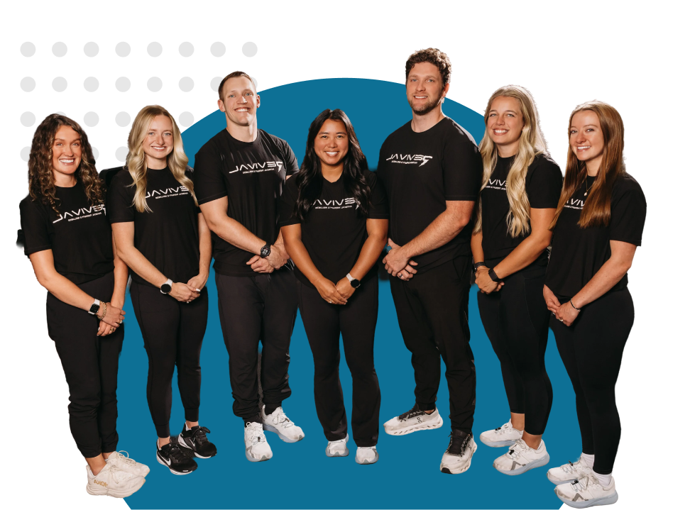 Six smiling people in black Janivesp shirts standing side by side on blue circle background.