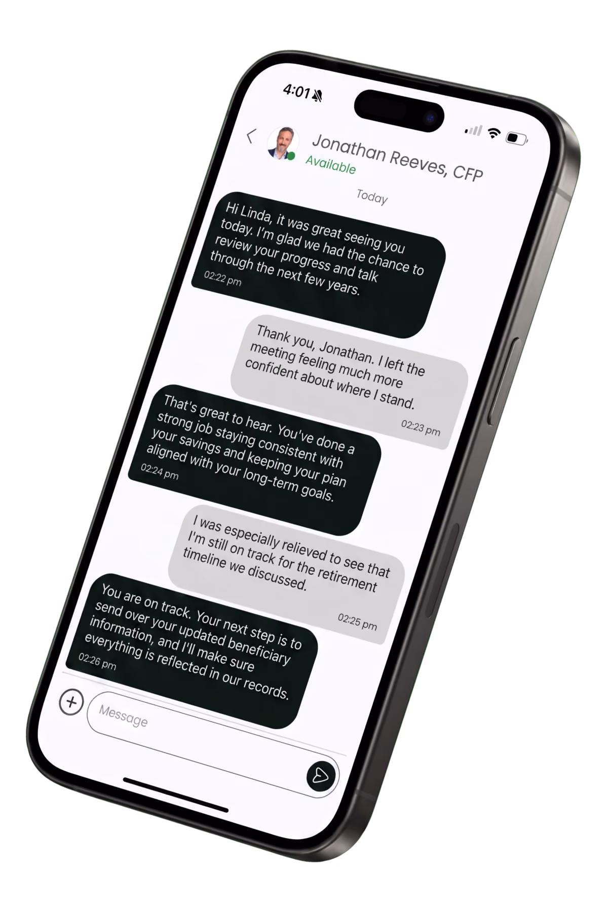 Branded client app showing a secure message thread