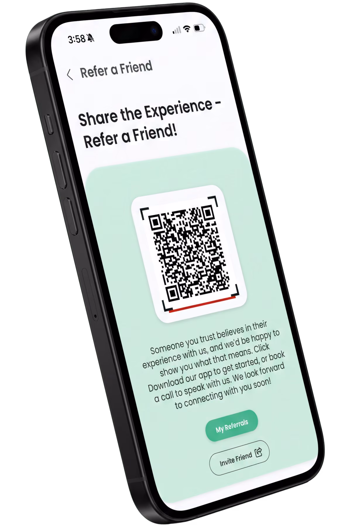 Refer a Friend screen in the branded app showing a shareable QR code