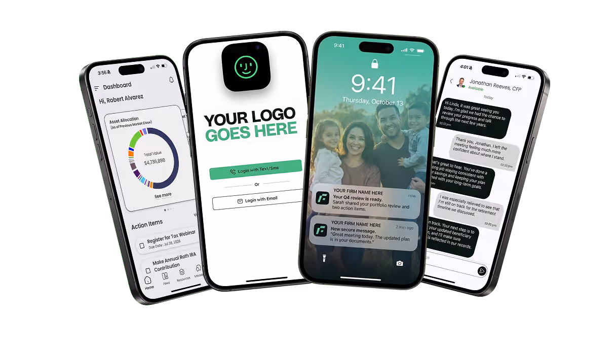 Several branded client app screens shown side by side