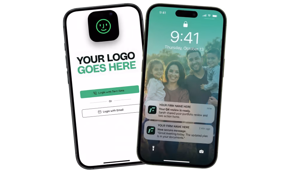 Branded push notifications on an iPhone lock screen with a firm-branded app icon