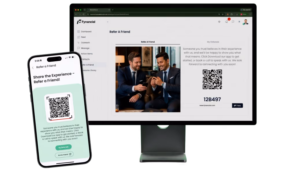 Refer a Friend flow shown on phone and advisor desktop with a QR code