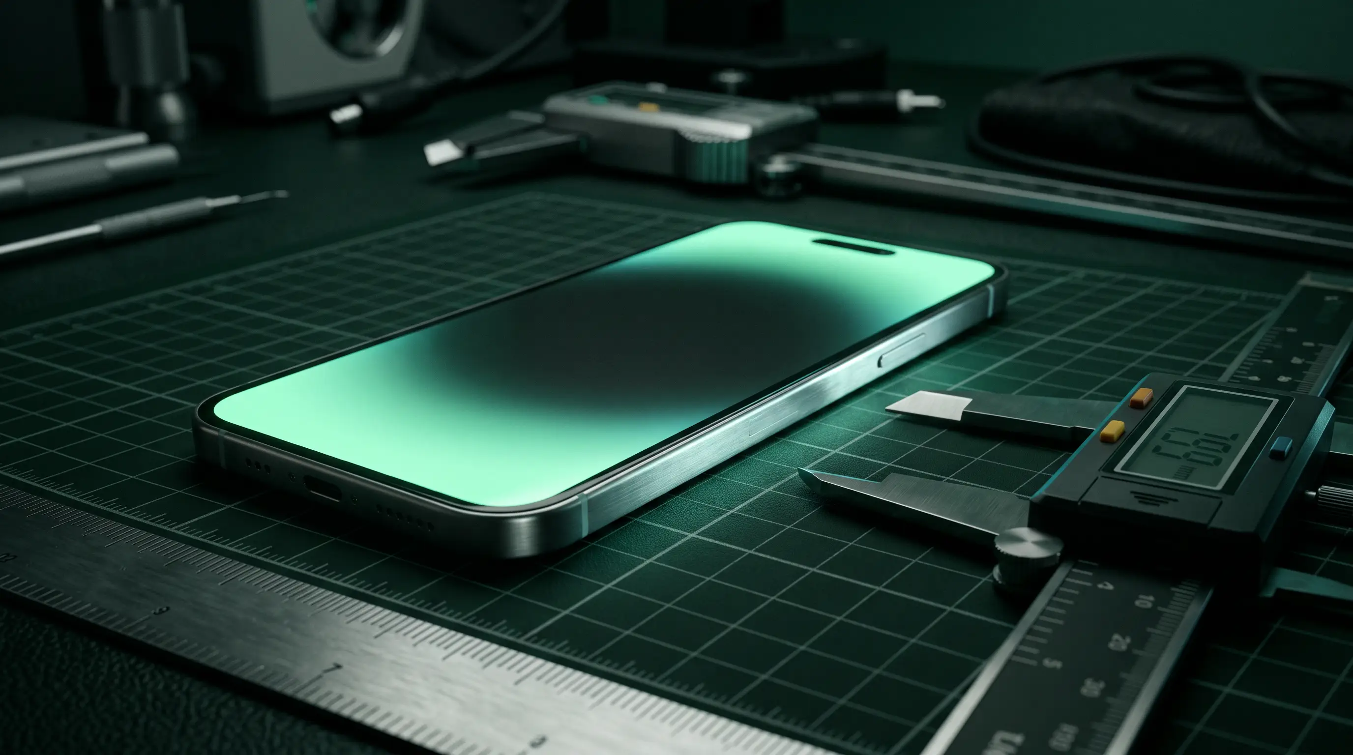 A flagship smartphone under forensic laboratory inspection with measurement calipers on a dark calibration grid