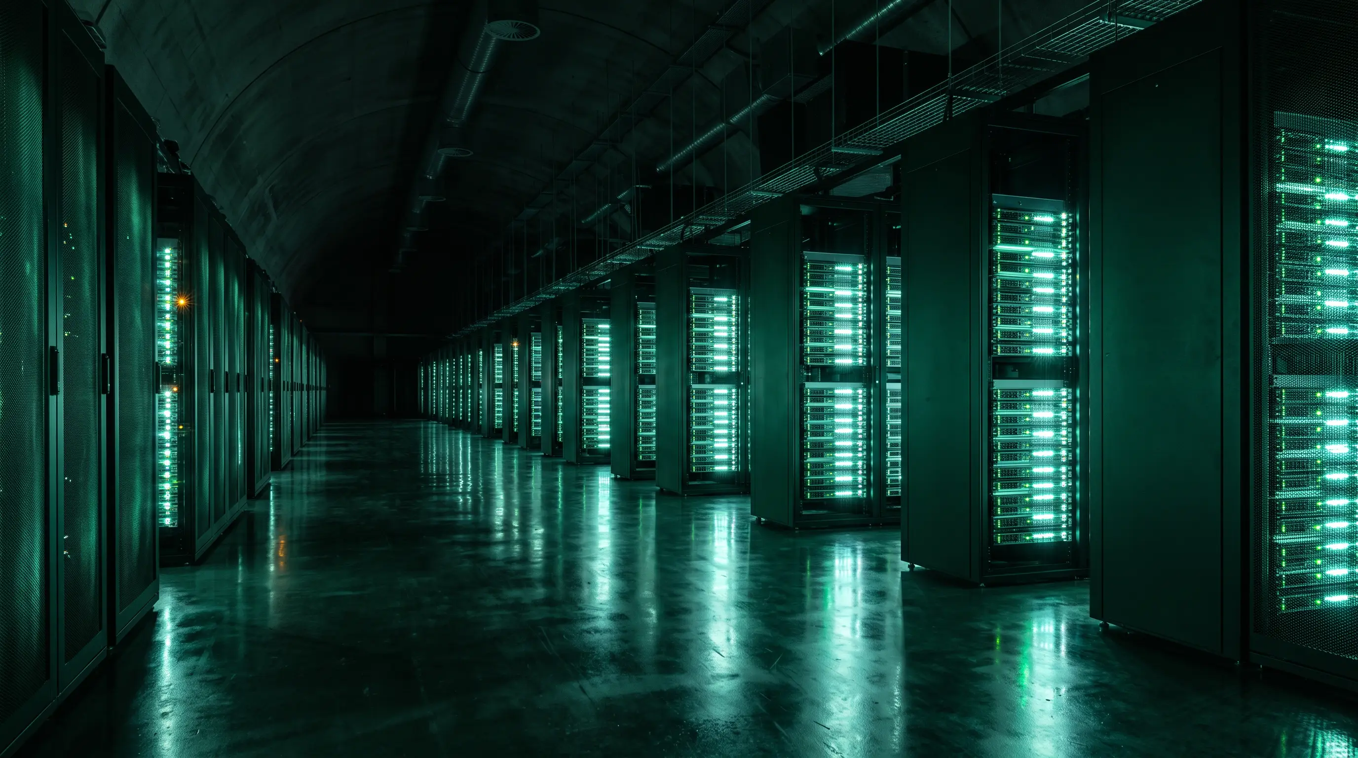 A vast underground server hall, rivers of status light
