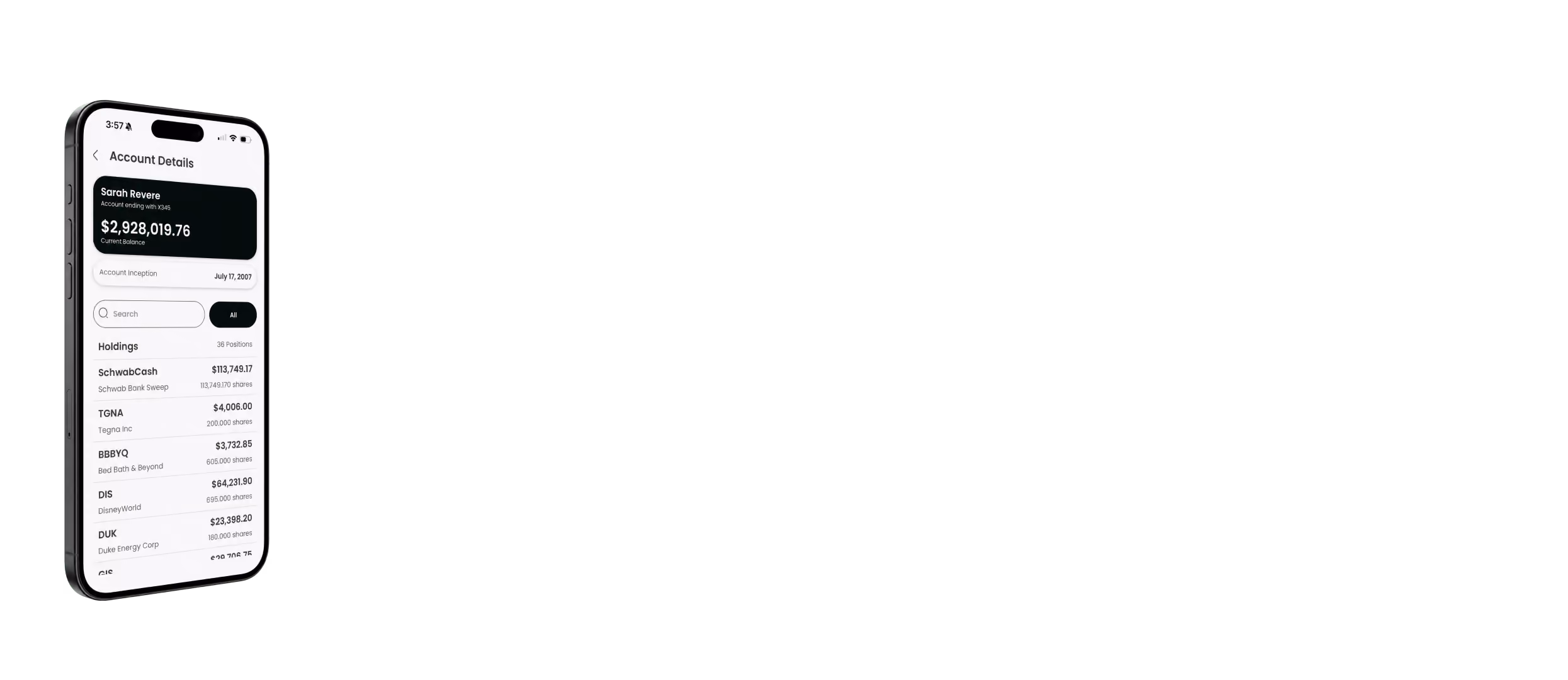 Branded client app showing an account summary screen