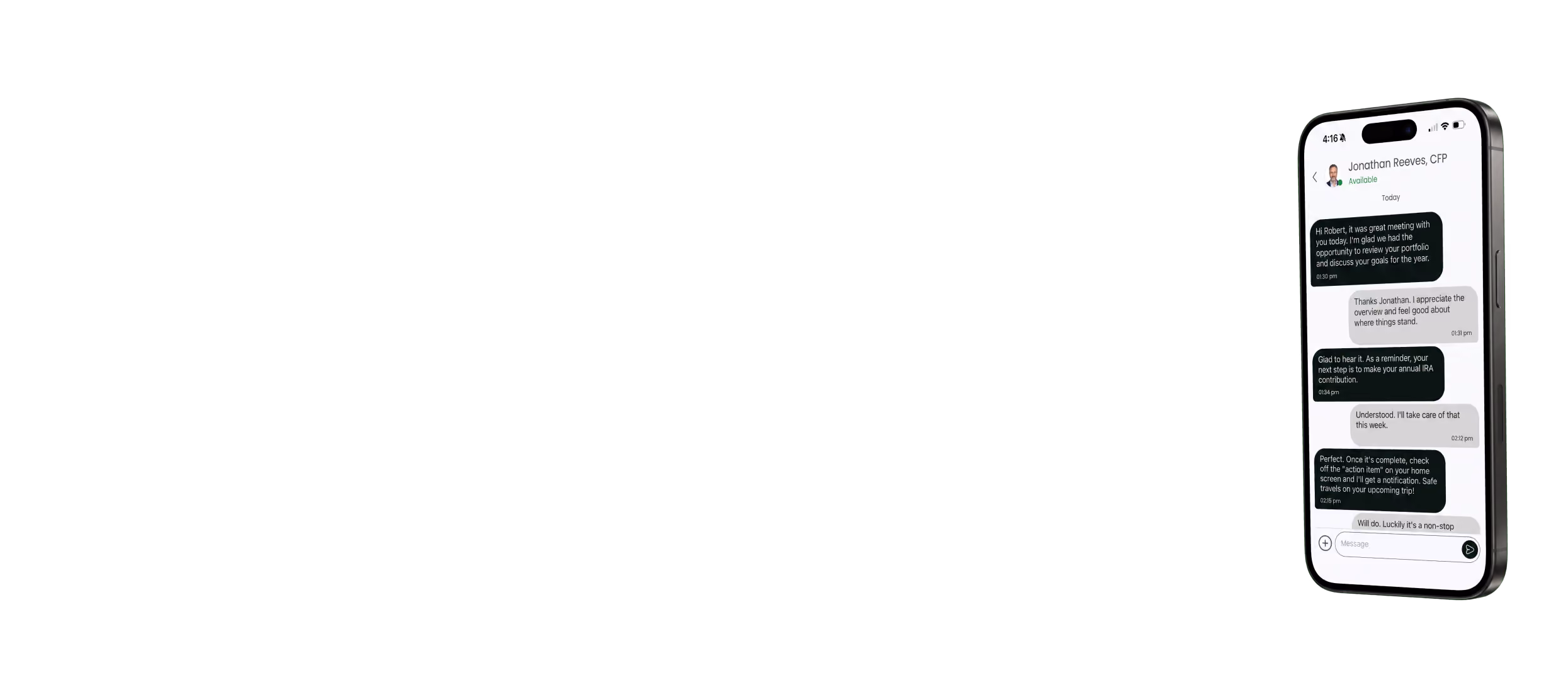 Branded client app showing a secure advisor message thread
