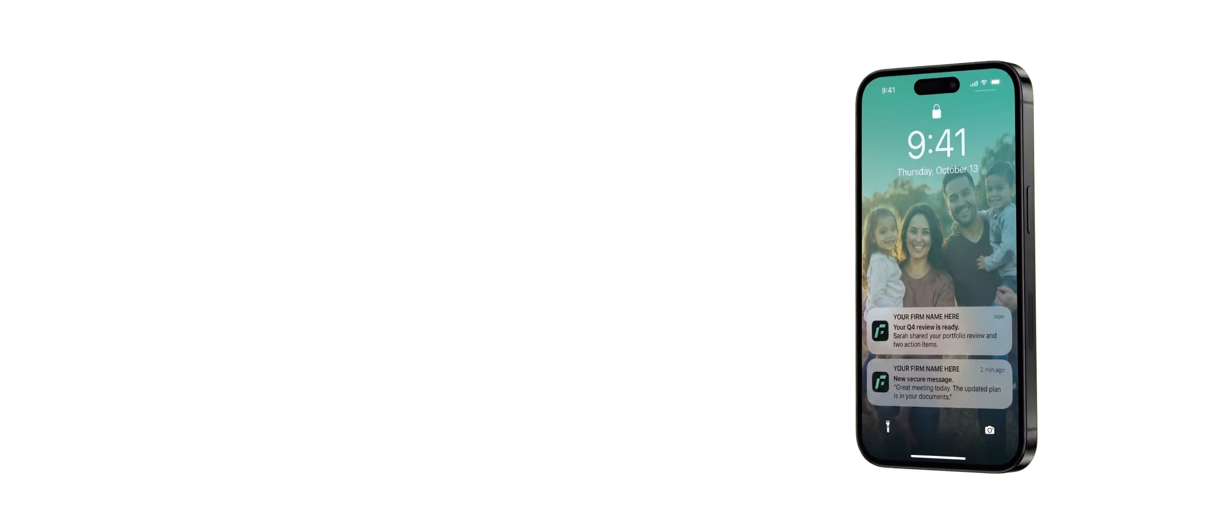 Phone lock screen showing a notification from a branded advisory app