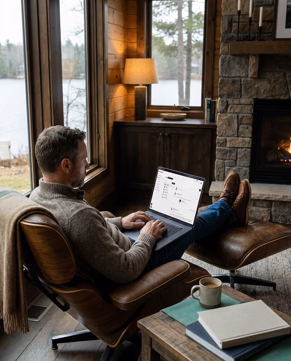 A client reading on a laptop at home
