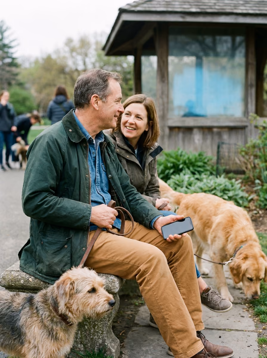 An older couple outside their home with their dog