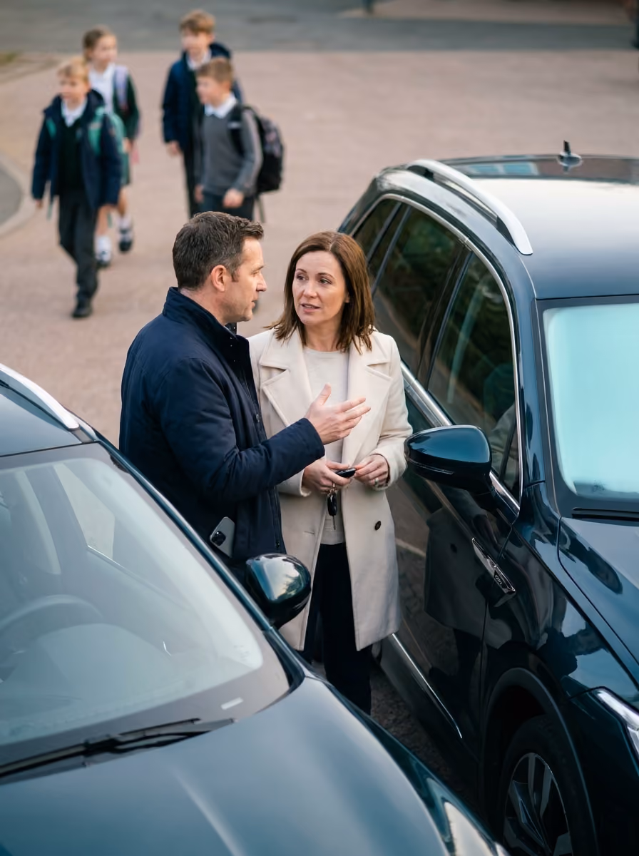 Two people talking beside their cars at school pickup