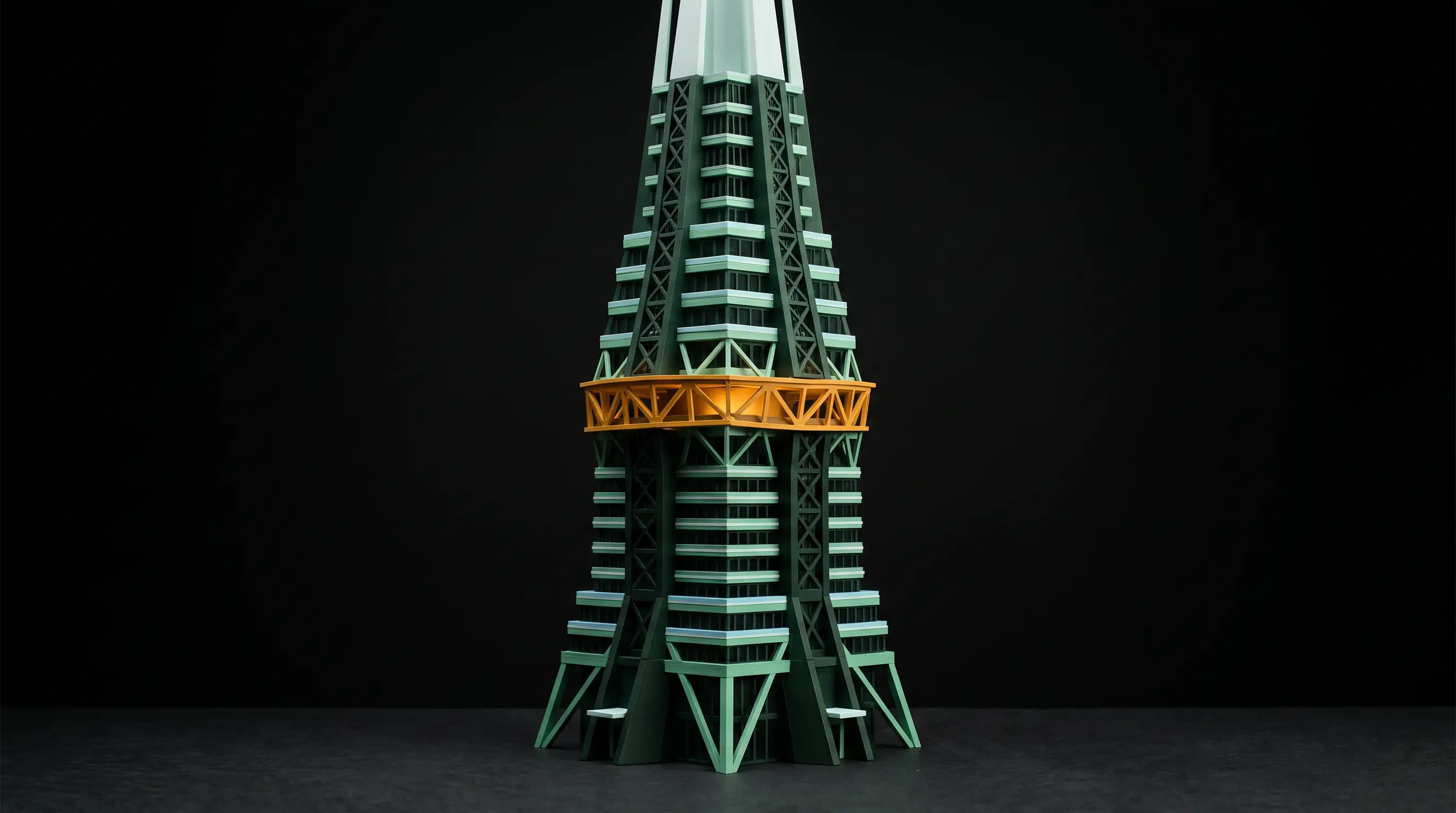 A tower where one structural floor strains amber
