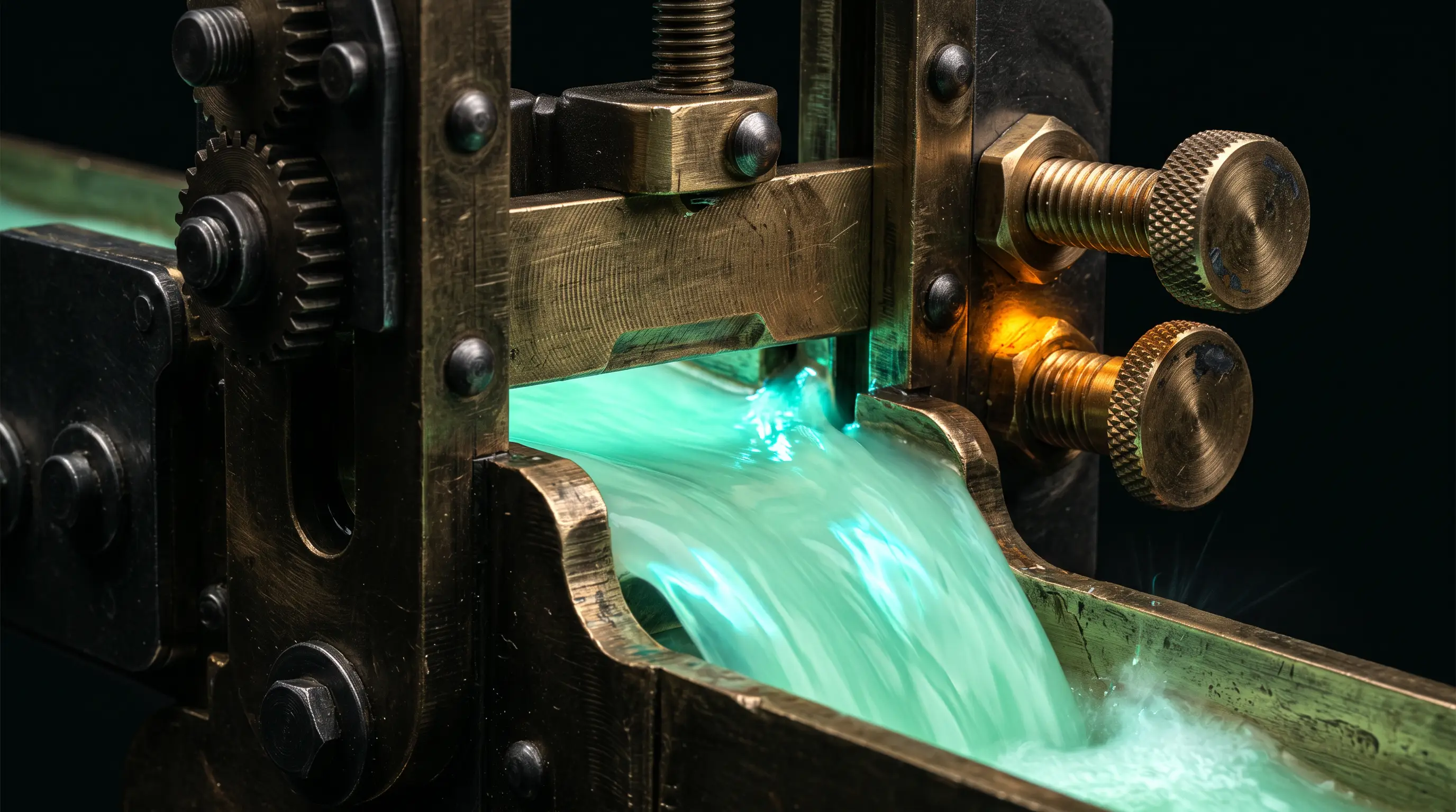 A precision brass sluice gate metering a glowing flow
