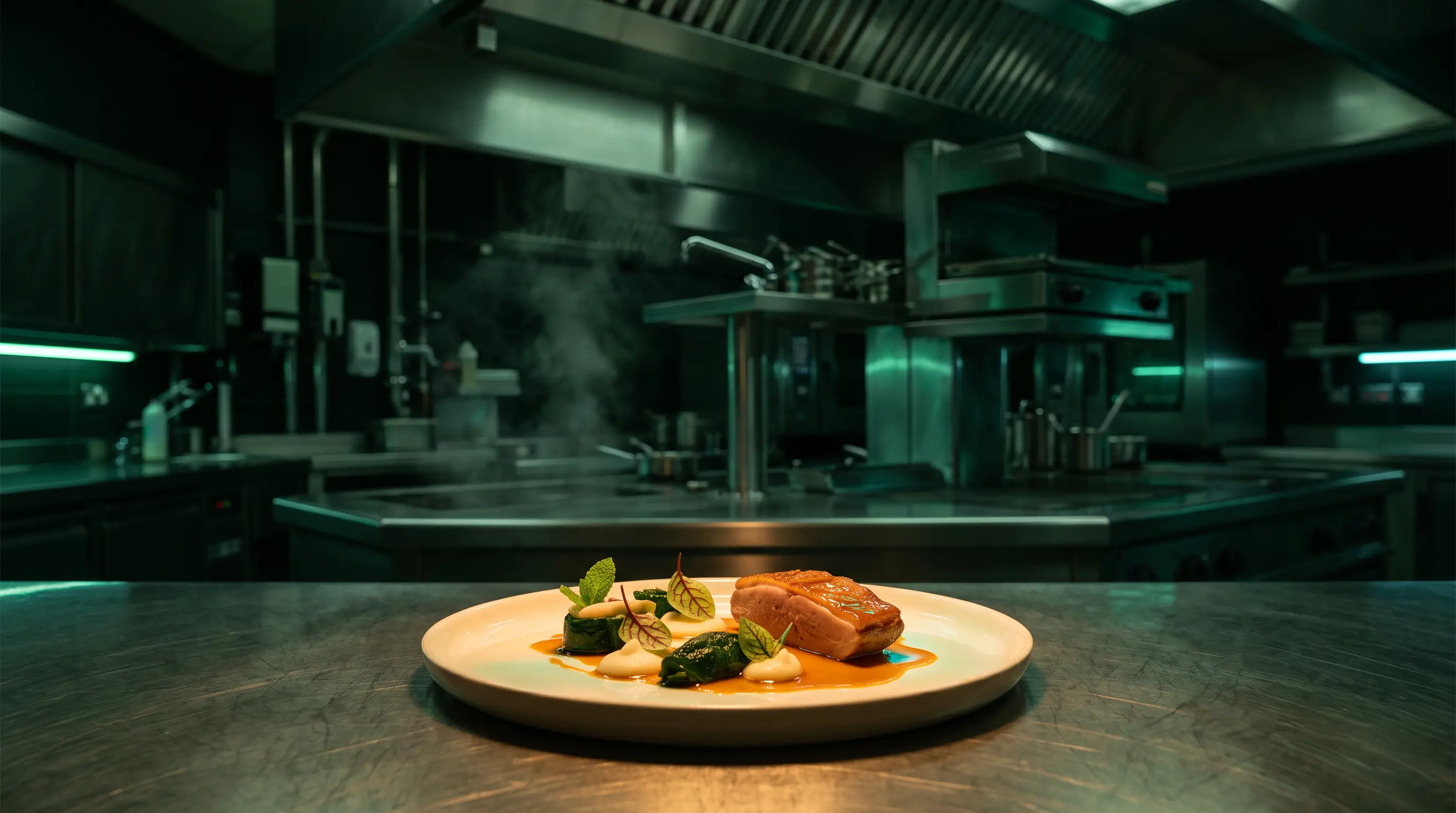 An immaculate plated dish, the industrial kitchen behind it in shadow