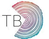 A logo with the letters T and B are superimposed on a colorful, concentric ring design resembling a tree ring.
