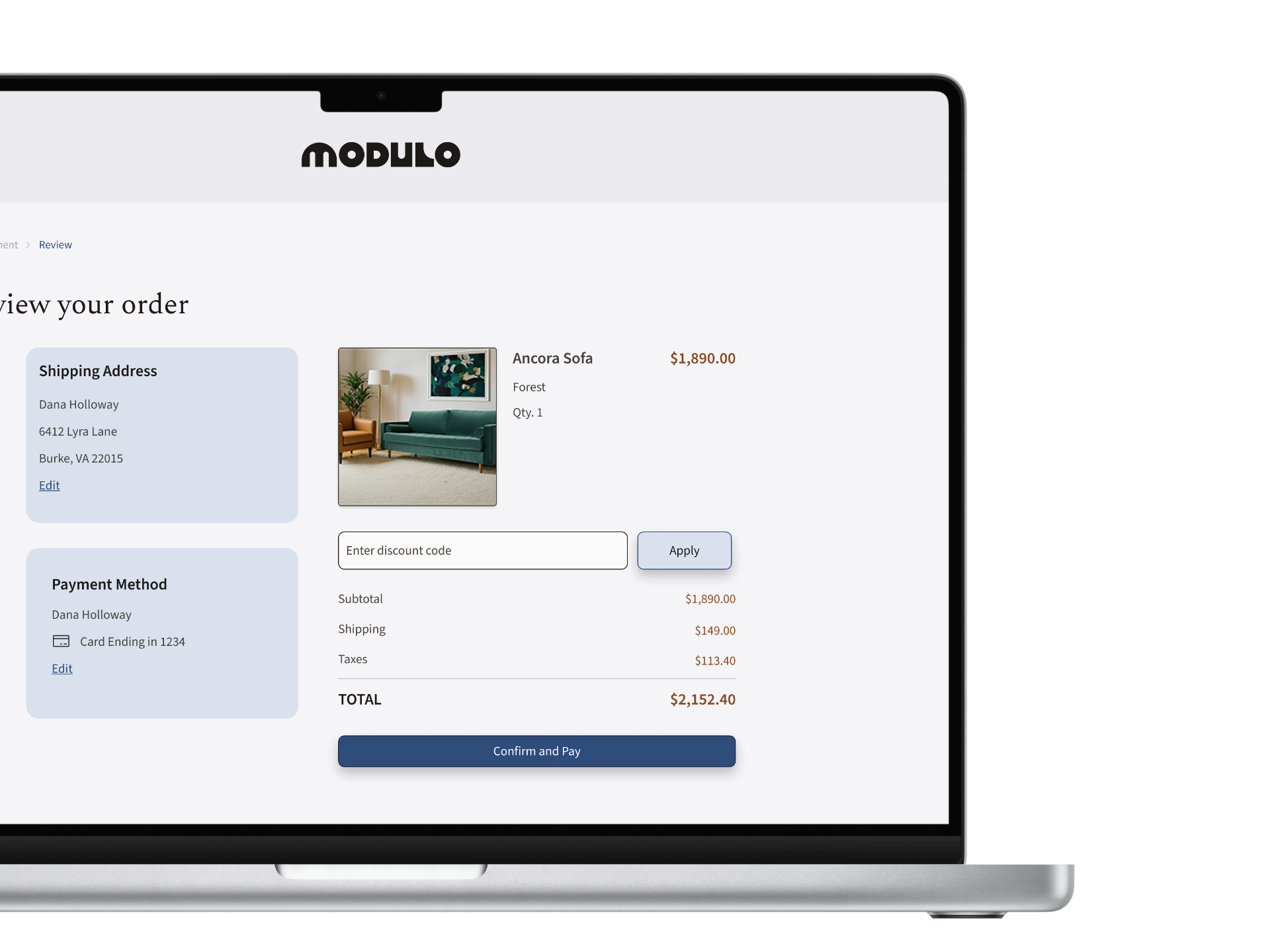 Laptop screen displaying an order review page for a Modulo "Ancora Sofa". The page shows shipping address, payment method, an image of the sofa, and a cost breakdown including subtotal, shipping, taxes, and total cost, with a Confirm and Pay button.