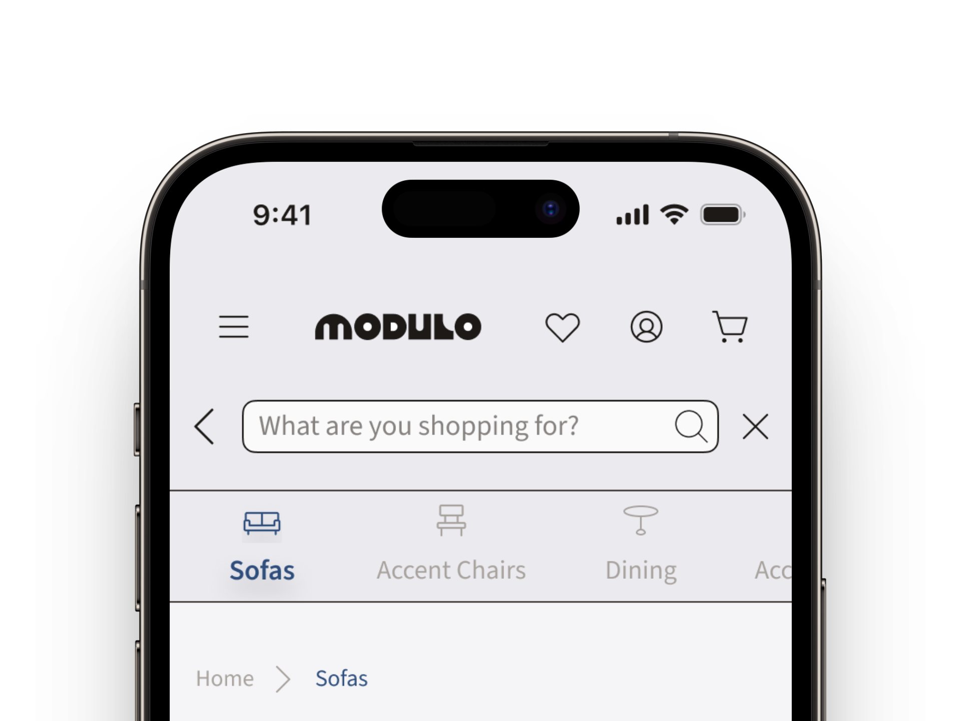 A smartphone screen displaying the Modulo shopping app with a search bar, navigation icons, and category options including 'Sofas'.