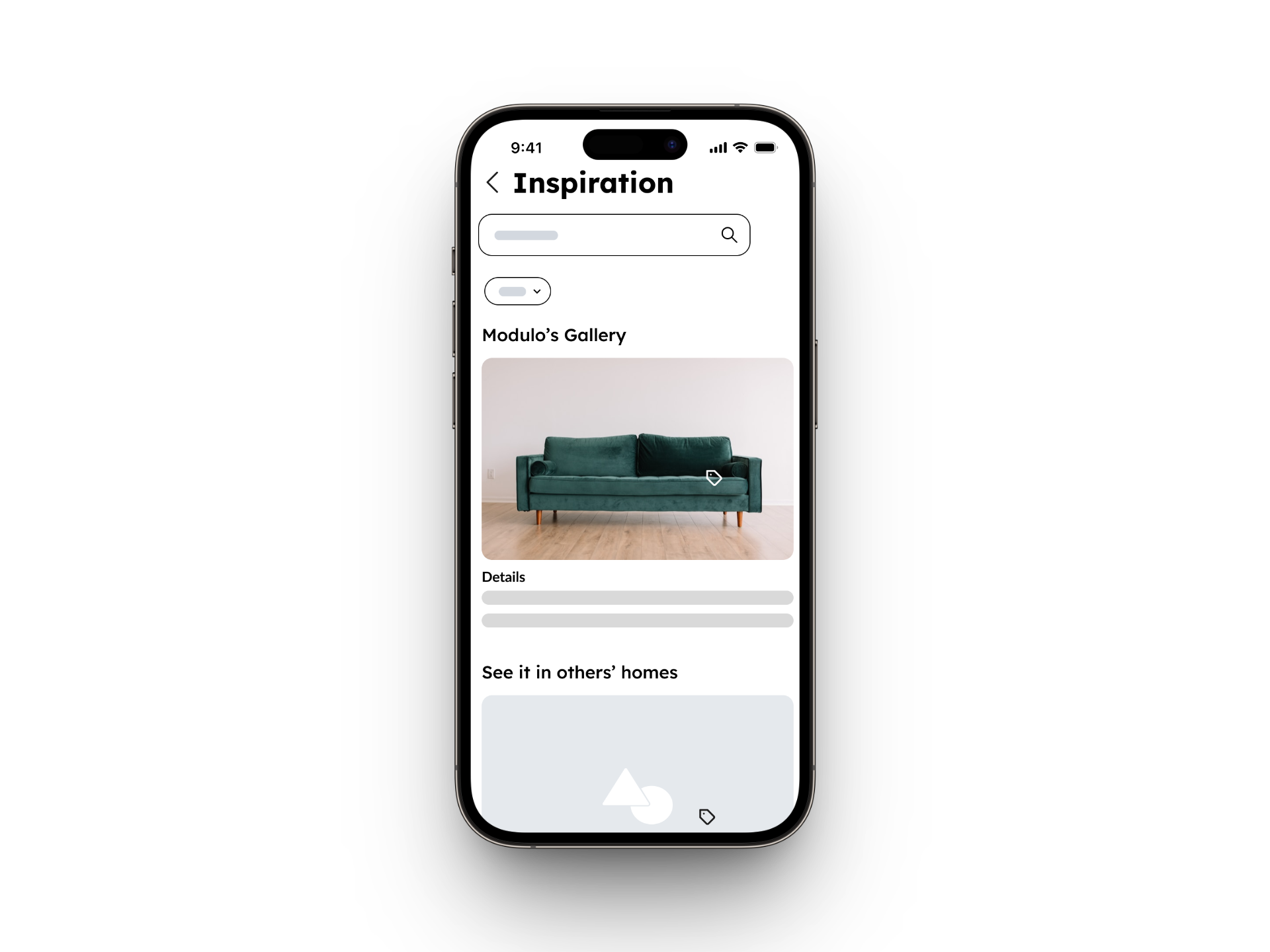 A smartphone displaying an inspiration page with a green sofa in Modulo's Gallery.