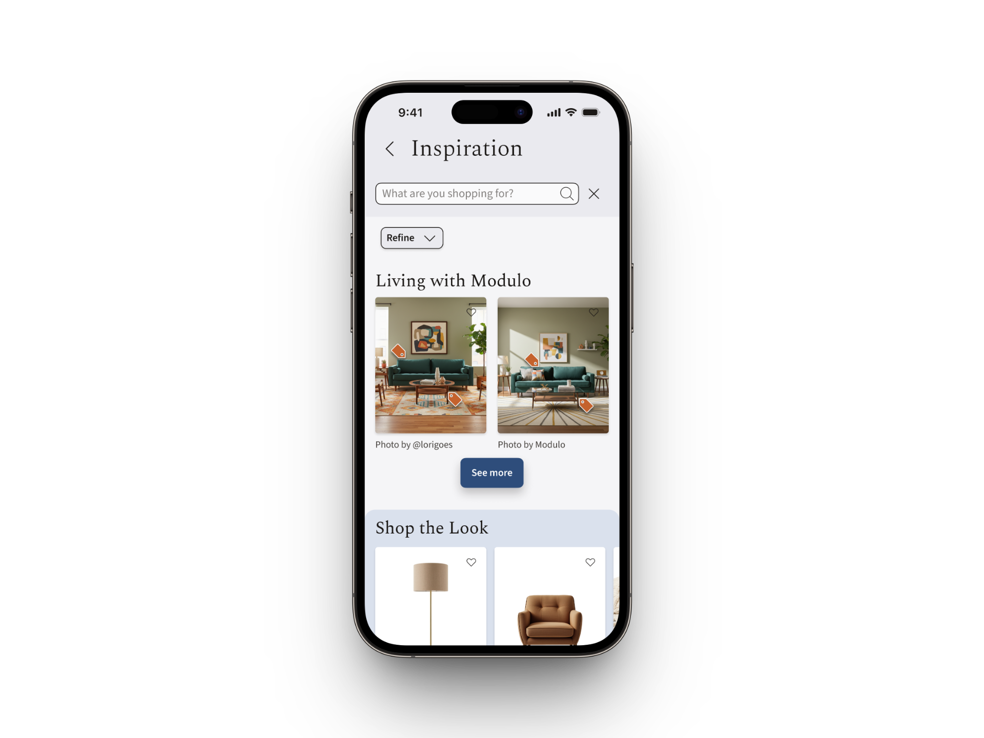 A smartphone screen displaying an inspiration page with a search bar, refine button, and two images of a living room with the text "Living with Modulo" and "Shop the Look" below.