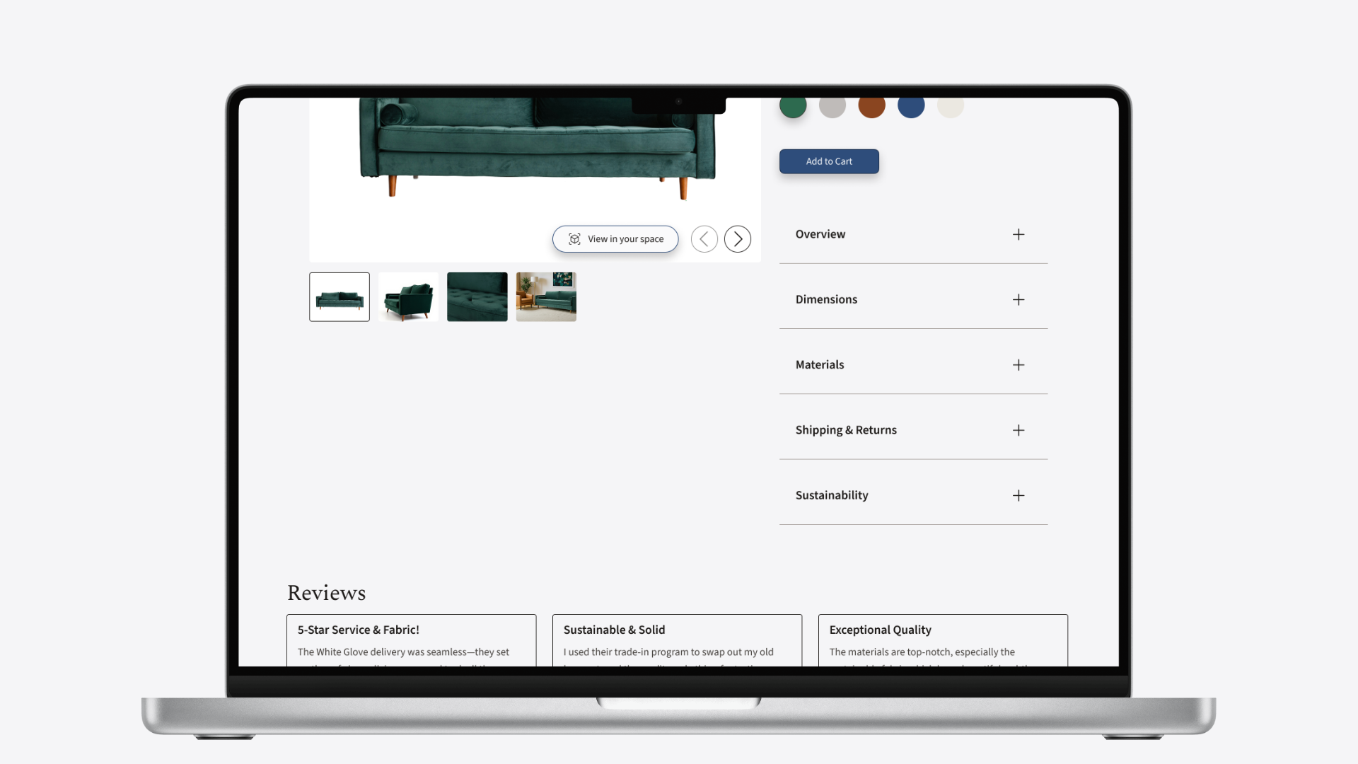 Laptop displaying a product page for a green velvet sofa, showing product images, color options, an "Add to Cart" button, product details, and customer reviews.