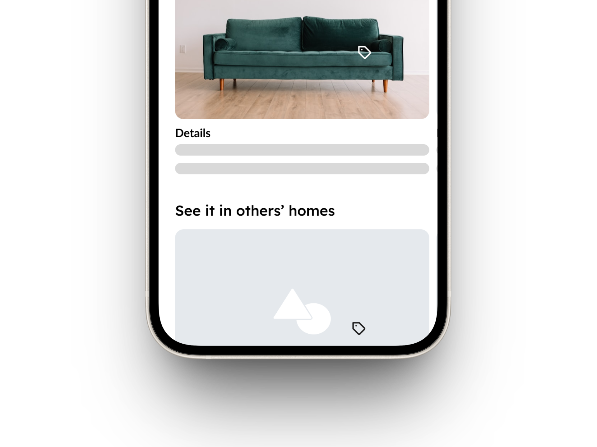 A phone screen displaying details about a green velvet sofa and a section titled "See it in others' homes" with abstract shapes.