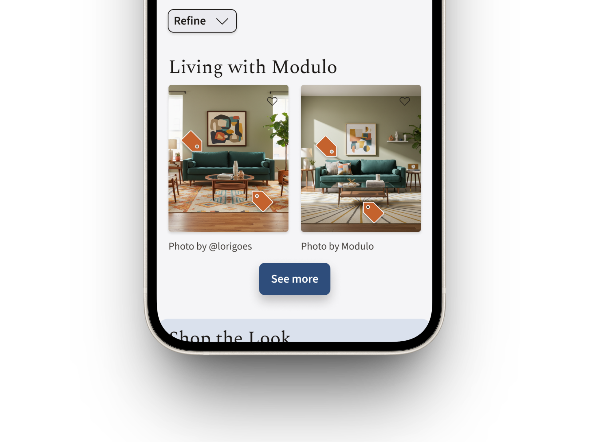 Mobile phone screen showing "Living with Modulo" with 2 images of a living room featuring a teal sofa. Both images have orange tag icons overlayed and are captioned "Photo by @lorigoes" and "Photo by Modulo". Below the image is a "See more" button.