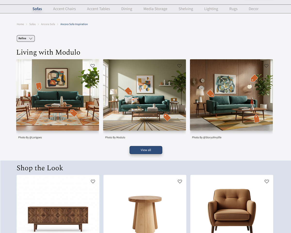 Three living room arrangements featuring green sofas, modern artwork, and wooden furniture. Orange tags indicate shoppable items.