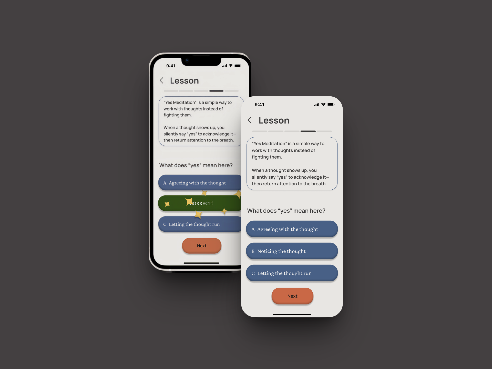 Two iPhones displaying a lesson on "Yes Meditation" with a multiple-choice question and a correct answer highlighted.