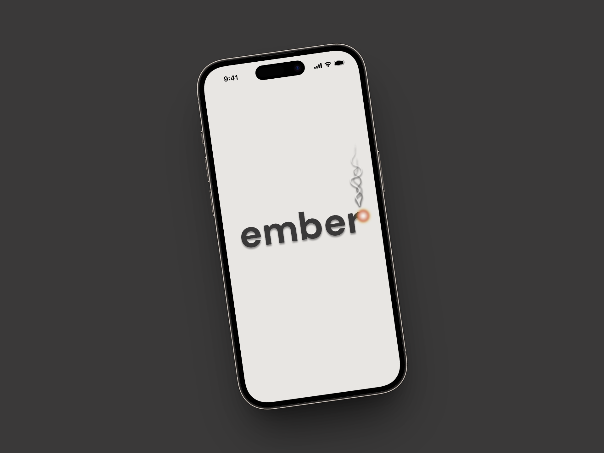 A smartphone displaying the word "ember" with a small stylized flame icon next to it.