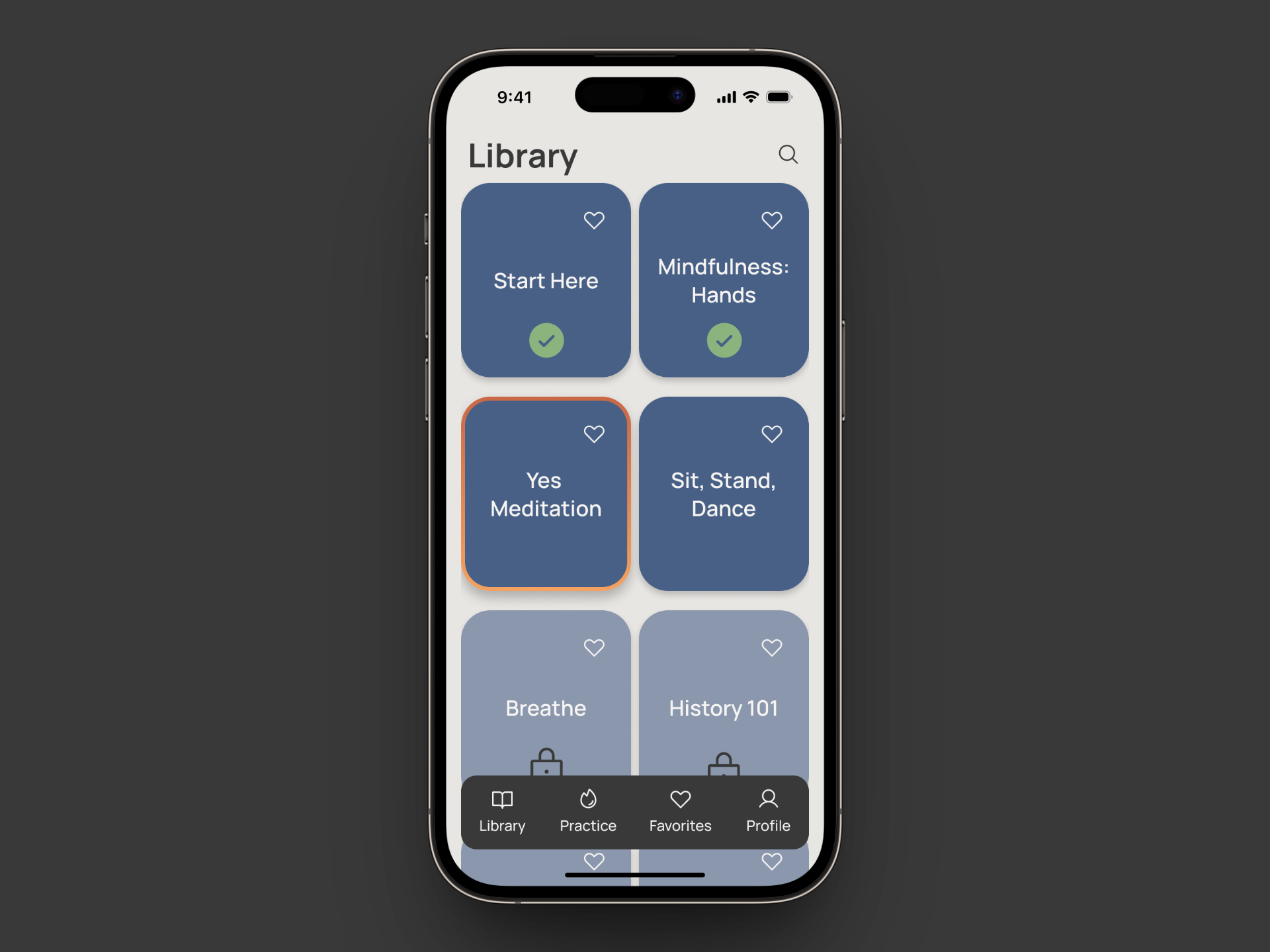 A smartphone screen displays a meditation app's library with different meditation categories like 'Start Here', 'Mindful Sleep', 'New Meditation', and 'Sit, Stand, Dance'.