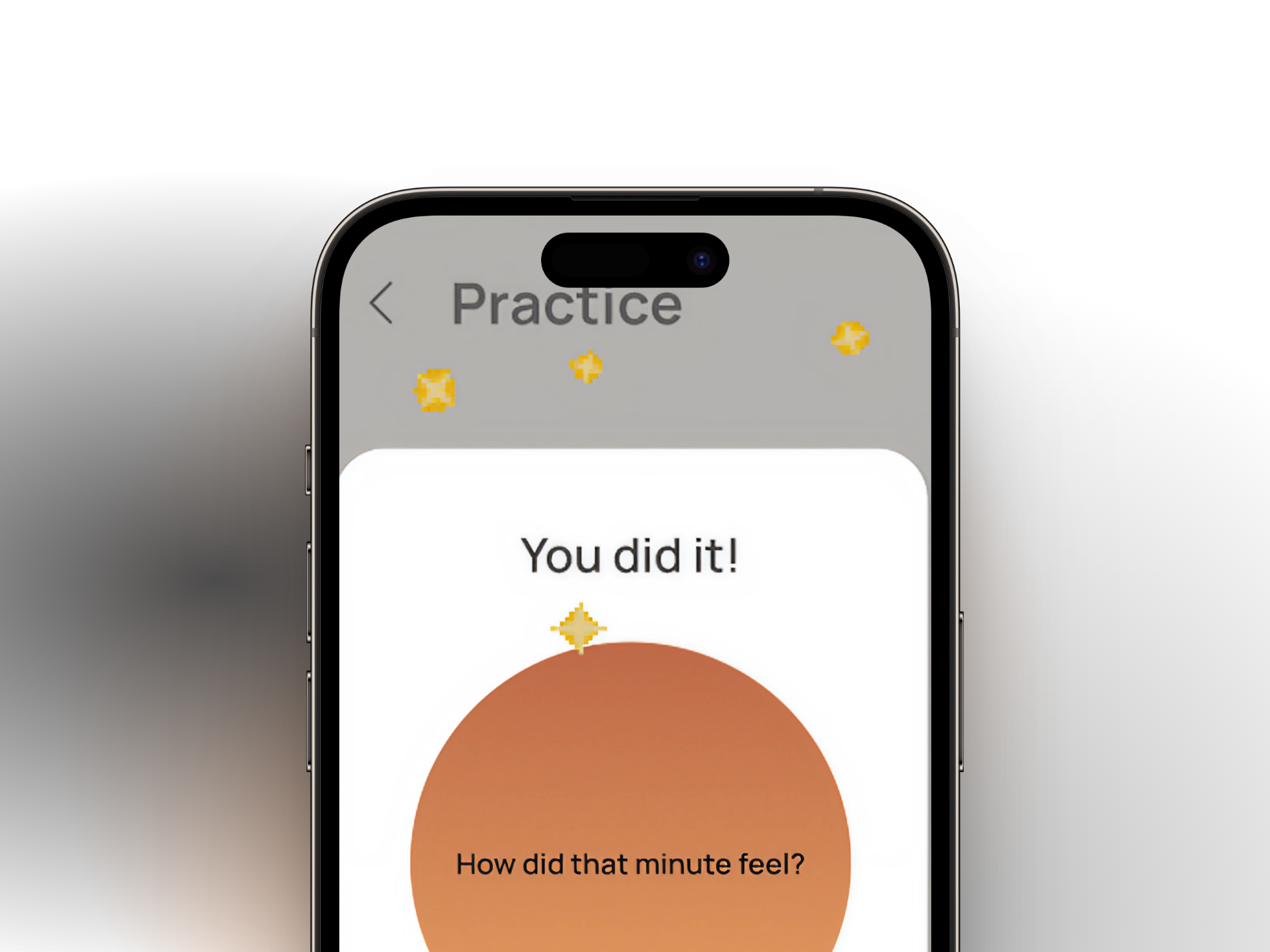 A mobile phone screen displaying "Practice" at the top, with a message "You did it!" with sparkles surrounding it and a prompt "How did that minute feel?" centered on a gradient circle.