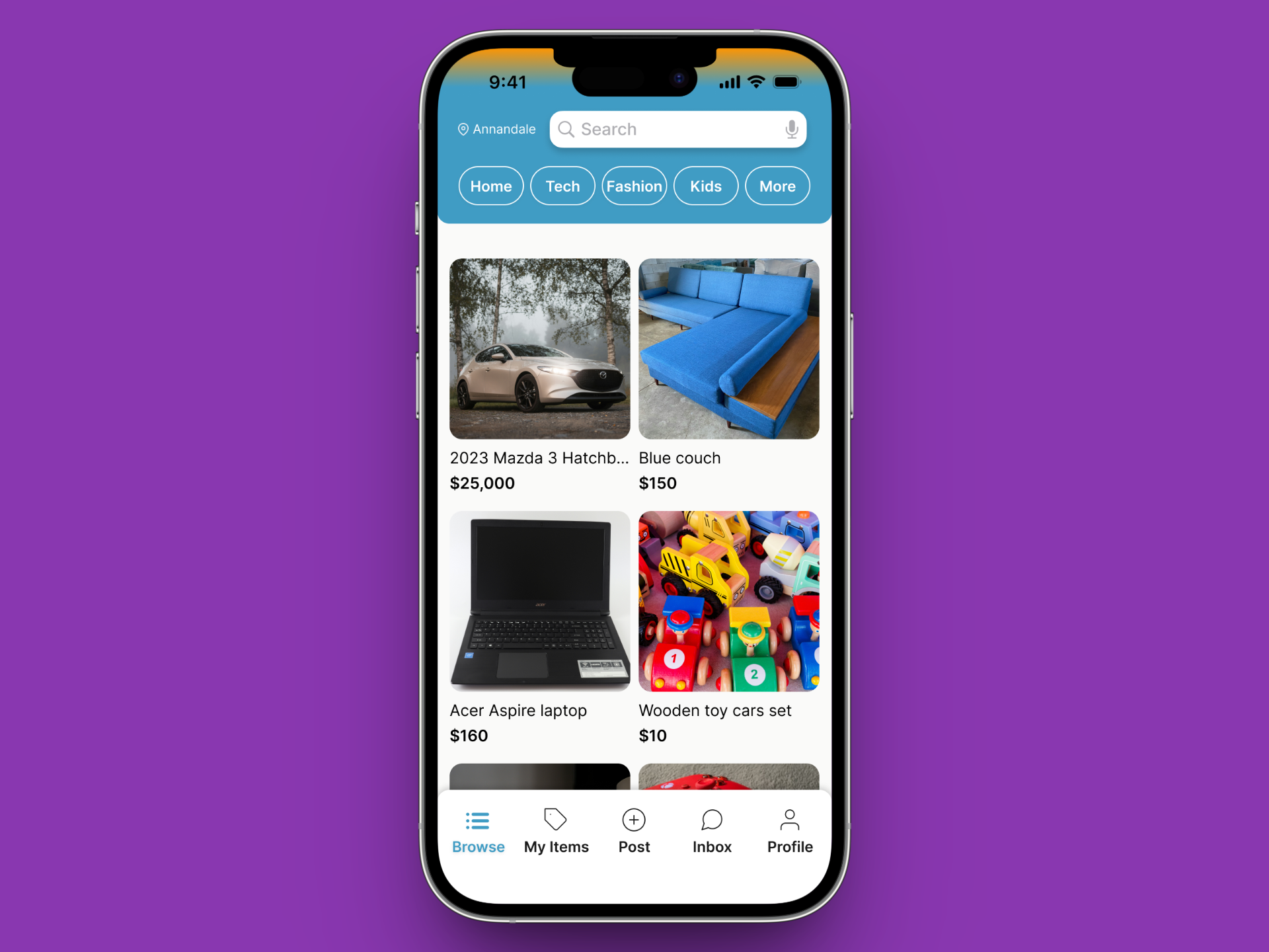 A smartphone displaying Givenly's online marketplace app with various items for sale, including a car, furniture, a laptop, and toys.