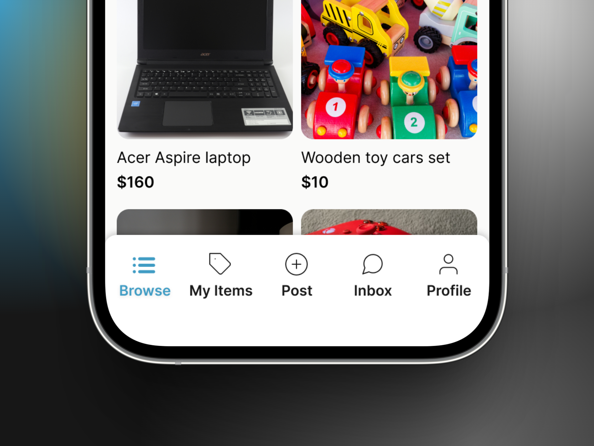 Bottom phone screen view of Givenly's tab bar with options to click on browse, my items, post, inbox, and profile.