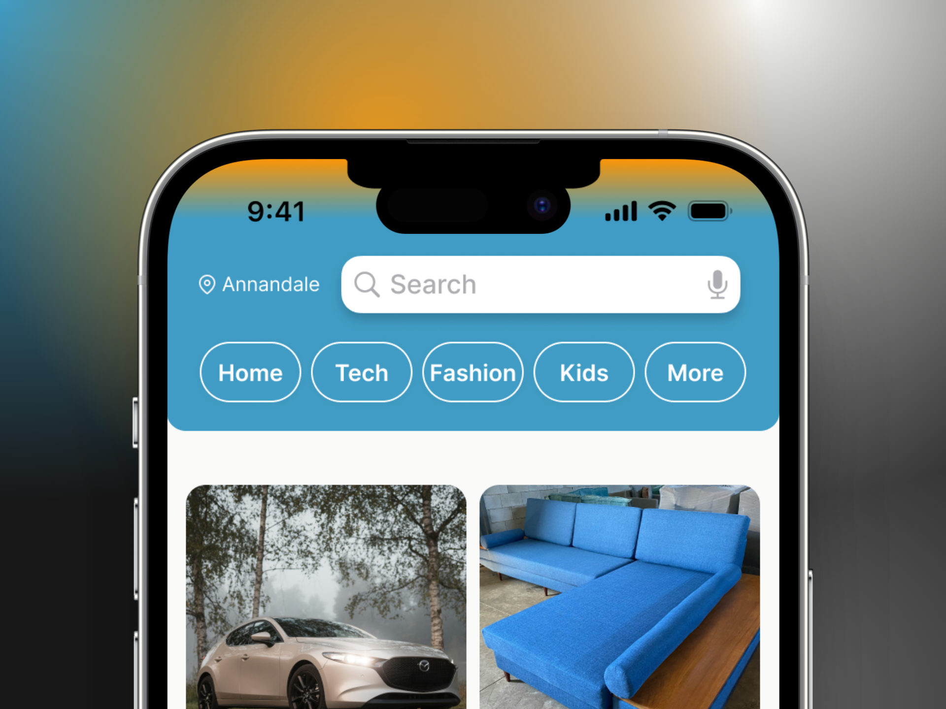 A phone showing a close-up of the top of Givenly’s app. It shows the search bar and navigation menu that consists of buttons for home, tech, fashion, kids, and more.