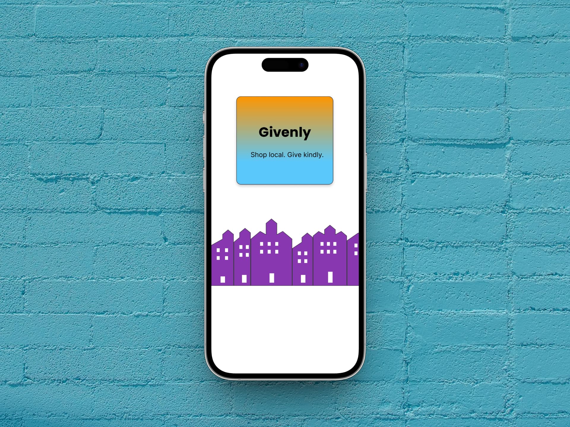 A smartphone displaying the Givenly app logo, which features a gradient from orange to blue with the text 'Givenly' and 'Shop now. Care locally.' below it. A purple silhouette of buildings is displayed at the bottom of the phone screen.