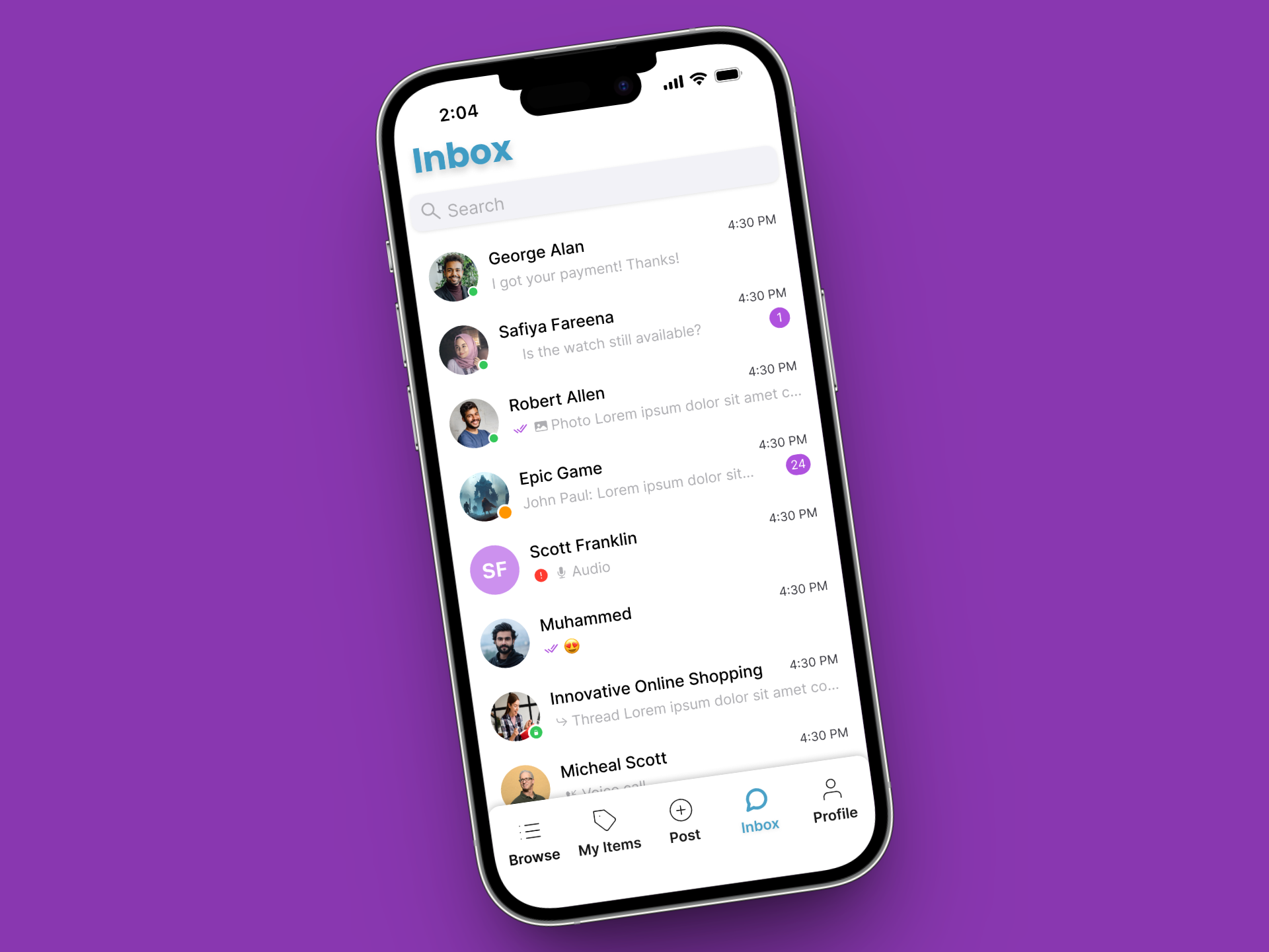 A smartphone displaying an inbox with a list of email messages, each showing a sender, subject, and timestamp.