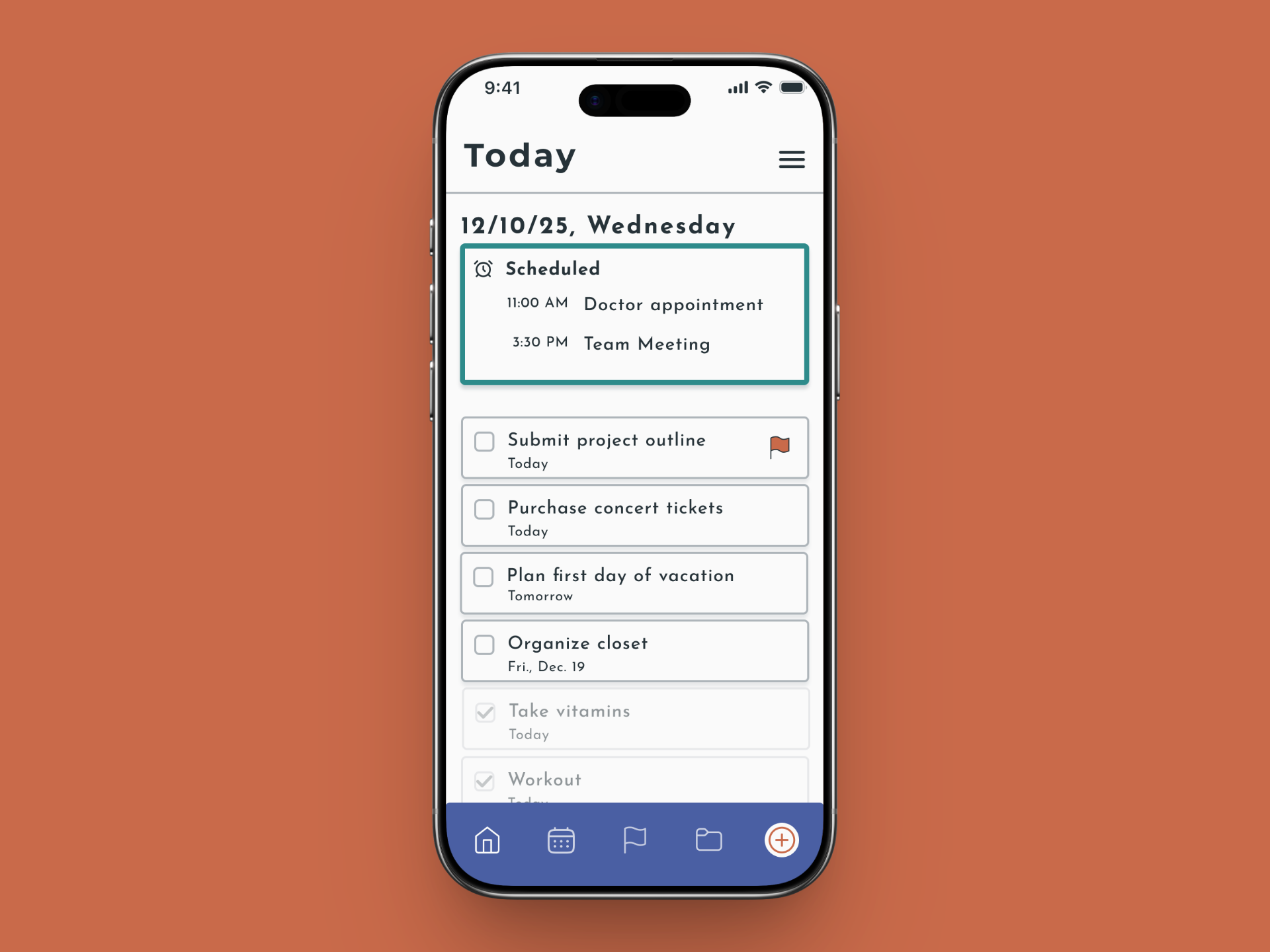 A smartphone displaying a daily schedule with scheduled appointments and a to-do list.