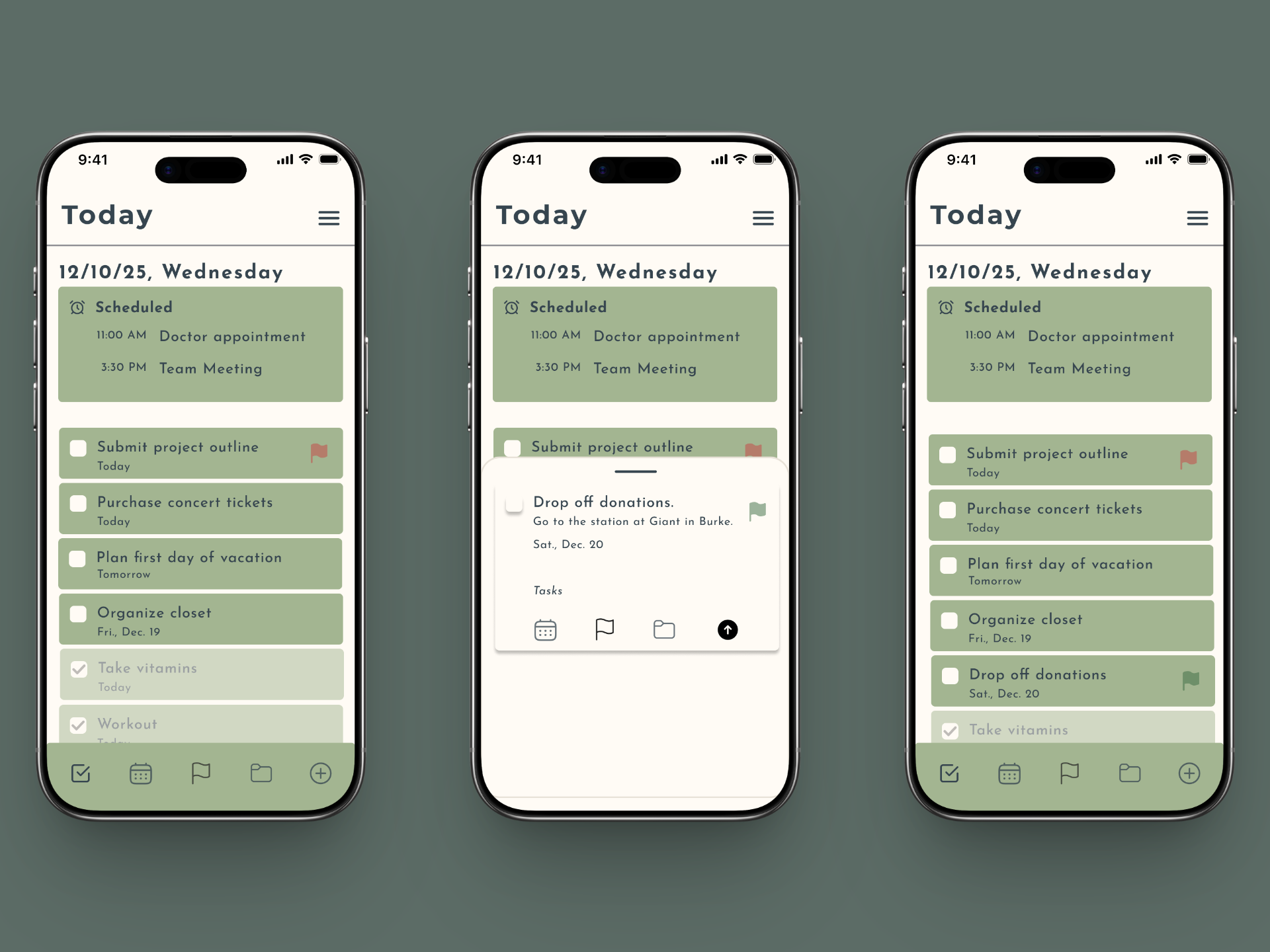 Three iPhone screens displaying a daily planner app with scheduled events and to-do lists.