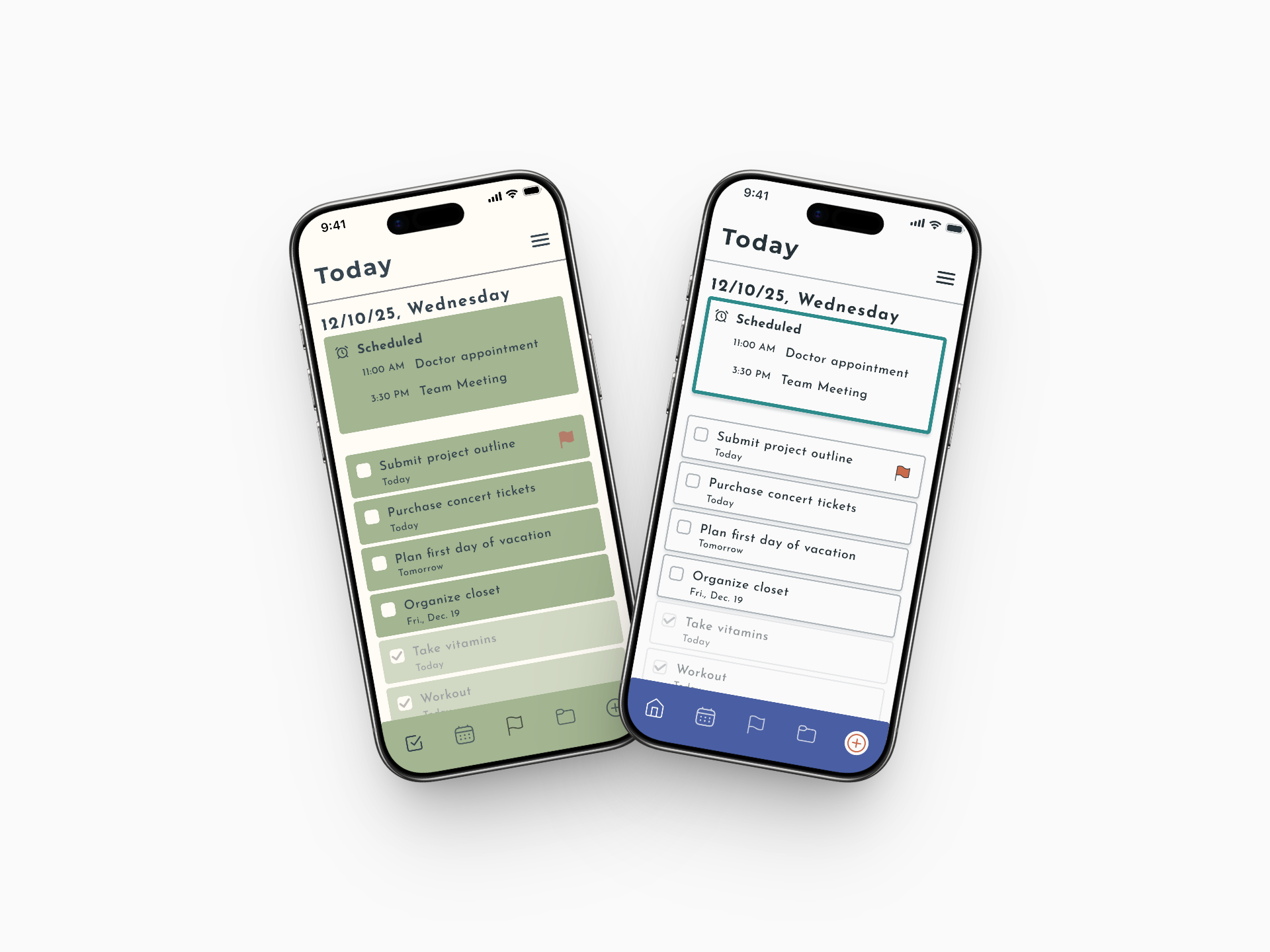 Two smartphones displaying a to-do list app. The left one is version one in green and a check icon in the navigation bar. The right phone is version two in blue with a home icon instead of a check icon.