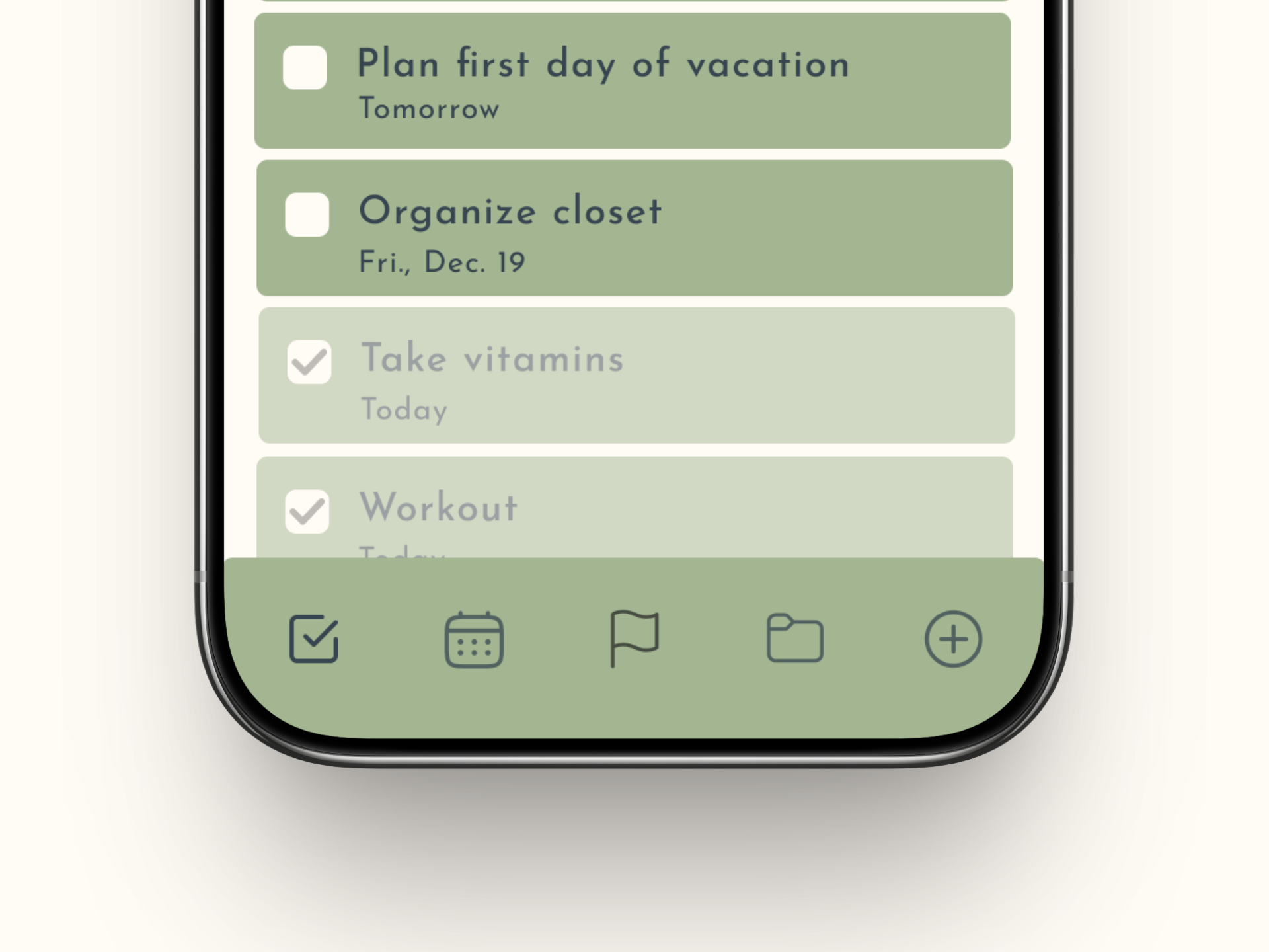A to-do list on a smartphone screen with a close-up view of the bottom navigation bar. It shows a checkbox, calendar, flag, file folder, and plus sign. icons.