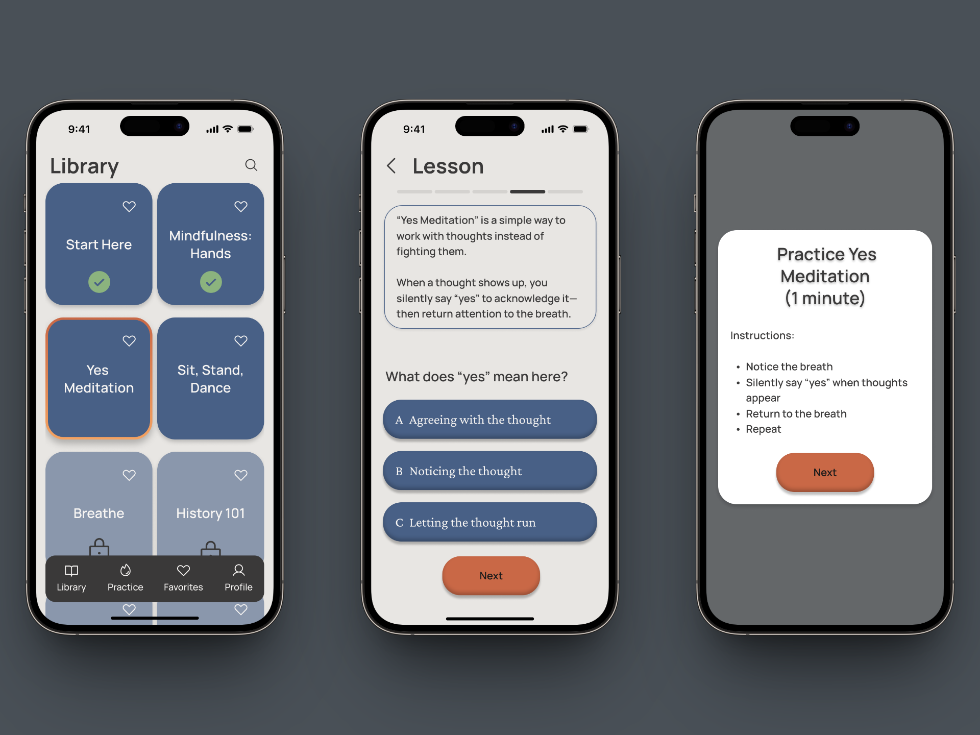 Three phone screens displaying a meditation app interface. The first shows a library of meditation options, the second features a "Yes Meditation" lesson with multiple-choice questions, and the third provides instructions for a 1-minute practice.