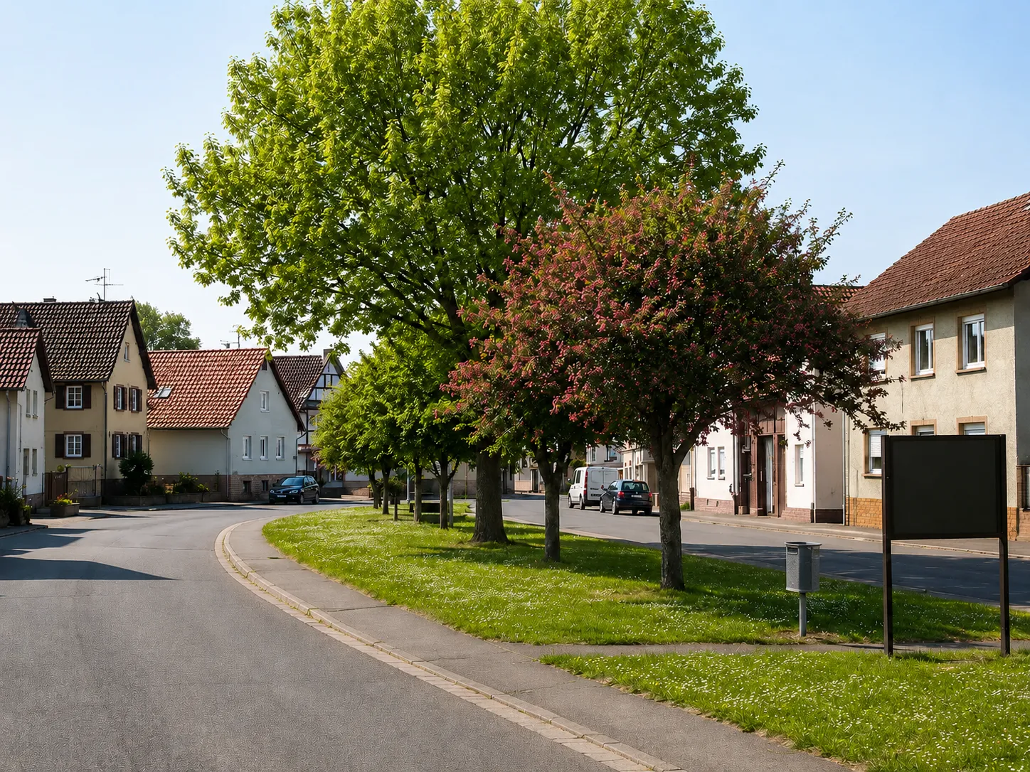 Dorfstraße in Echzell mit alten Laubbäumen und Wohnhäusern
