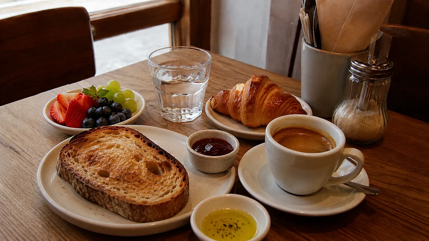 Frühstückstisch mit Kaffee, Croissant und Brot in der Ferienwohnung Bisses